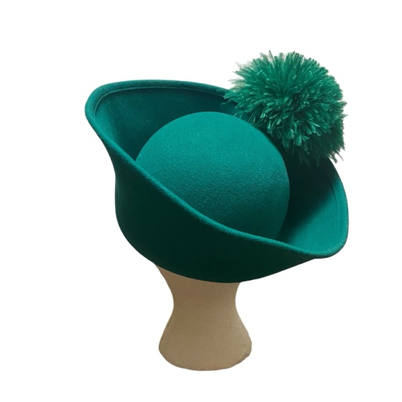 Jack McConnell VTG Green Wool Hat Ostrich Feather Church Derby Esccello Made USA